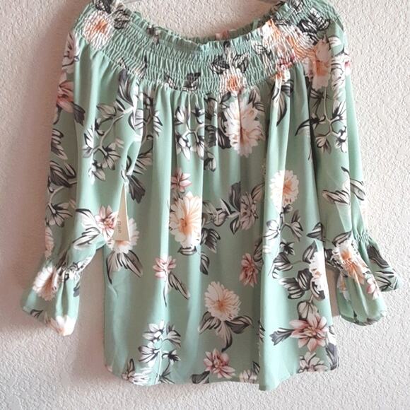 Anthropologie Doe & Rae NWT Green Floral Smocked Ruffled Sleeve Loose Blouse S - Picture 4 of 6